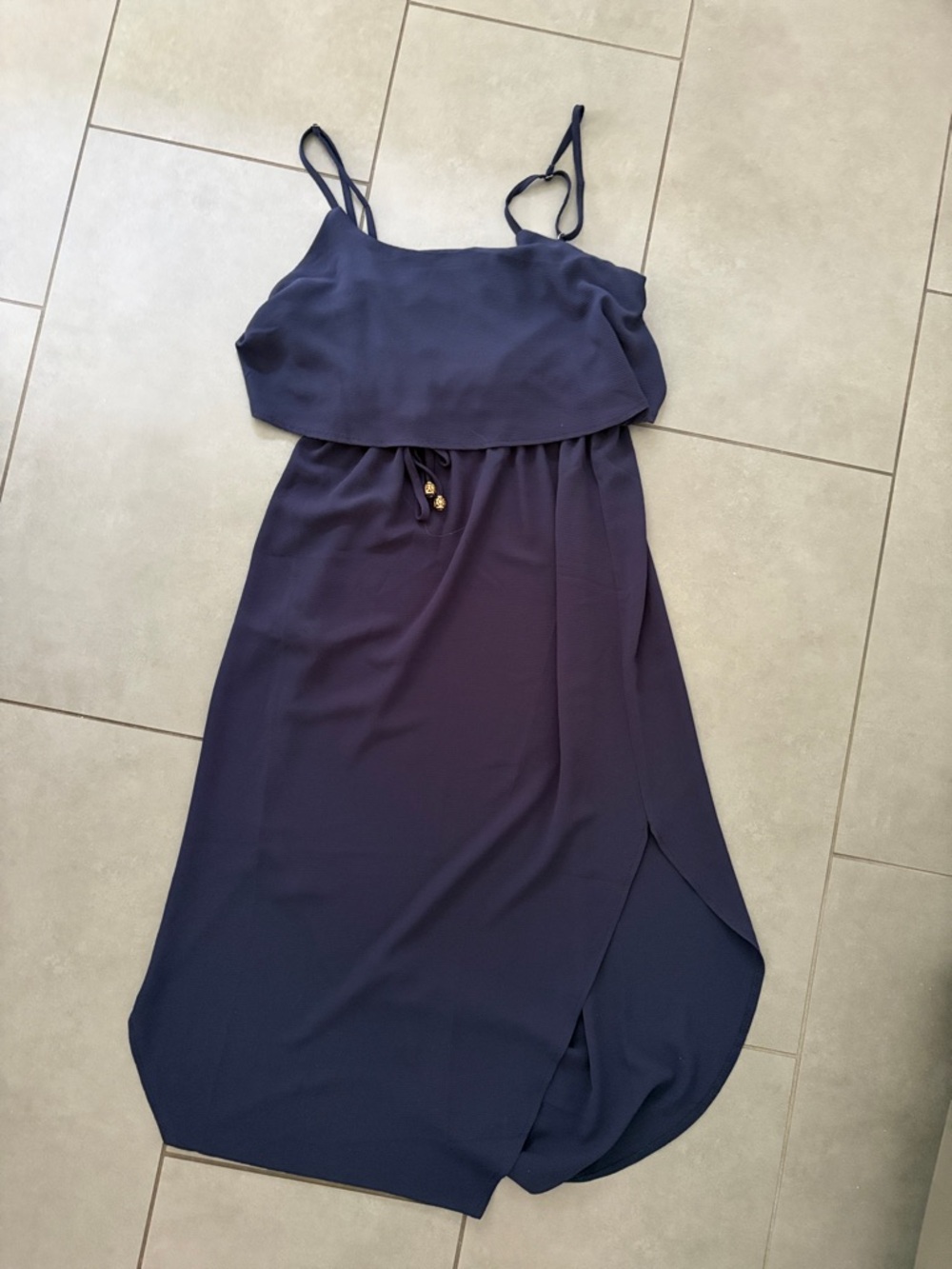 Navy Spaghetti-Strap Layered Midi Dress